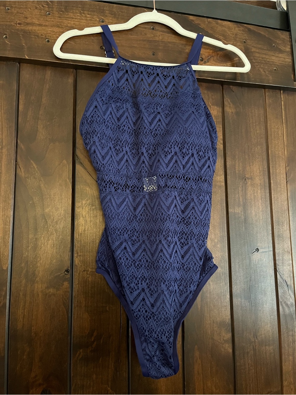 High-Neck Navy One-Piece Swimsuit - Elegant Lace Design